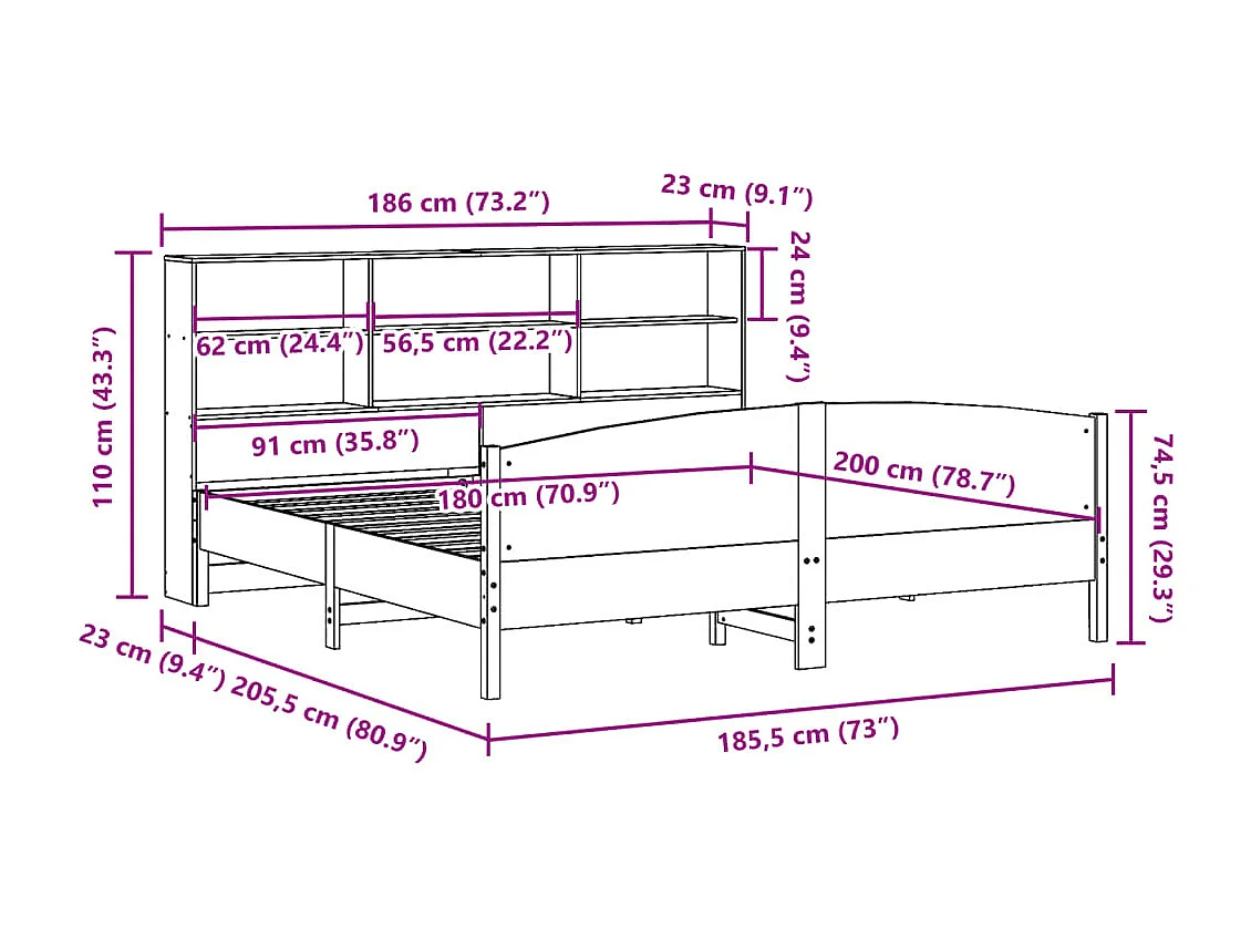 Letto Libreria senza Materasso Marrone Cera 180x200 cm in Pino