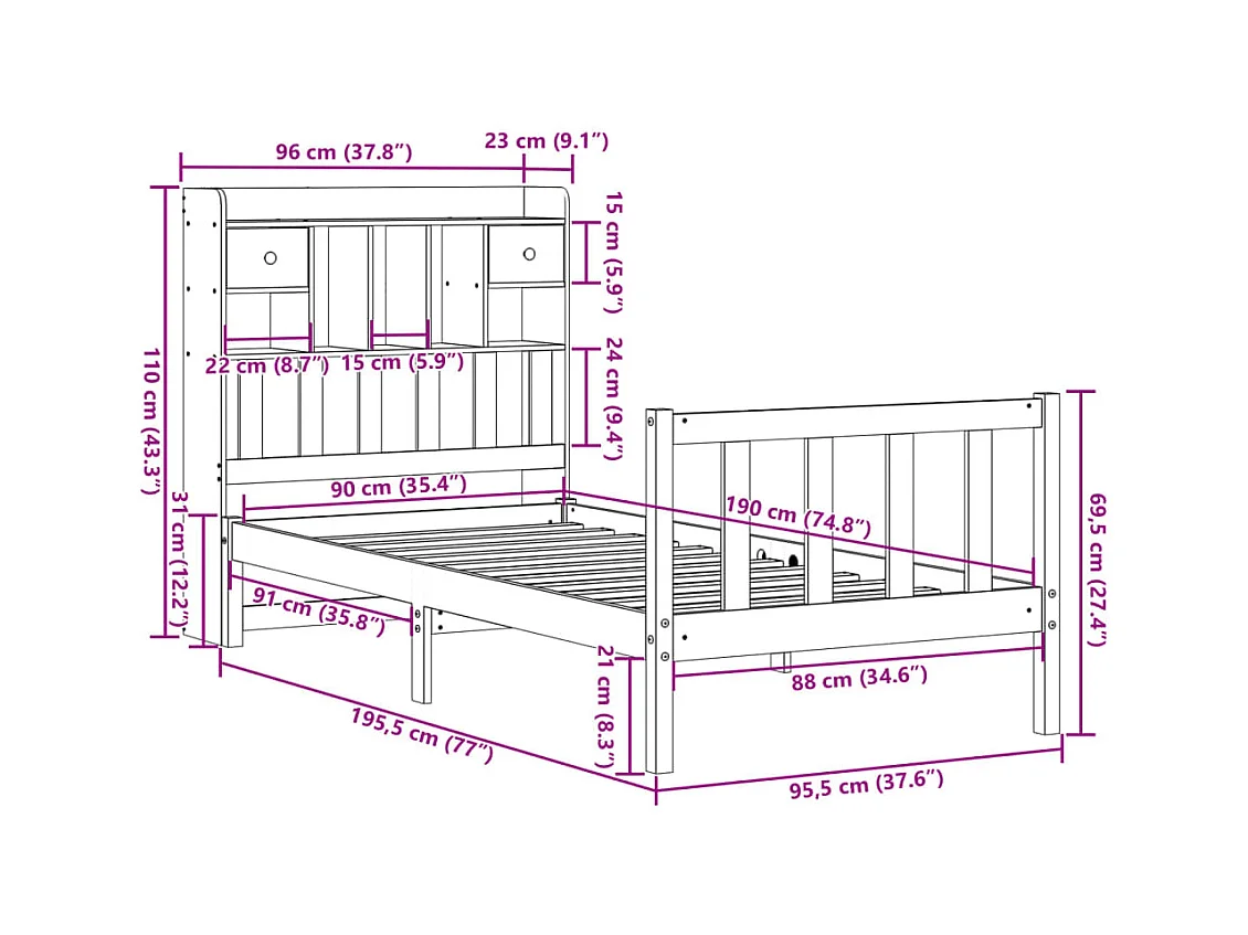 Cama con estantería sin colchón madera maciza de pino 90x190 cm