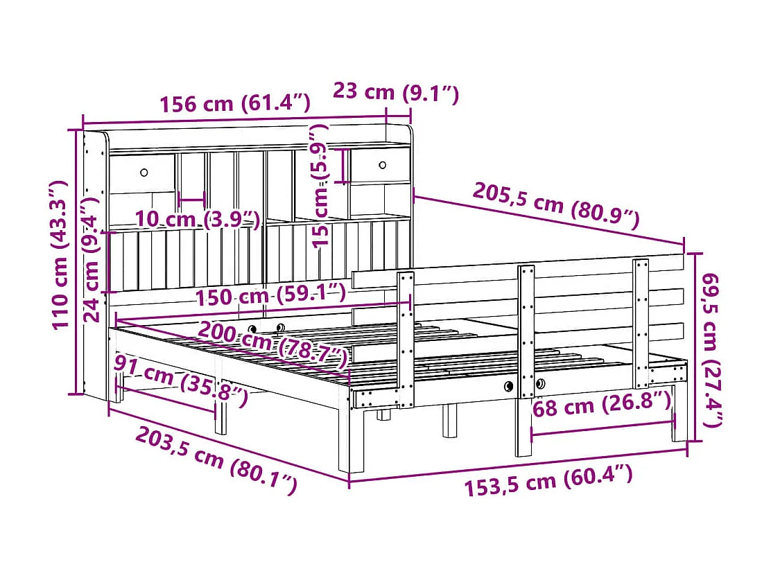 Cama con estantería sin colchón madera maciza marrón 150x200 cm