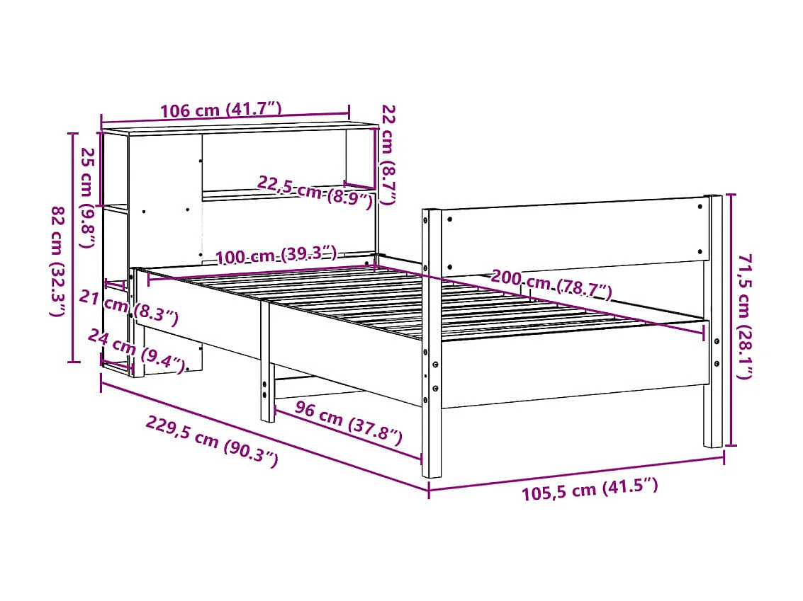 Cama com estante sem colchão 100x200 cm pinho maciço