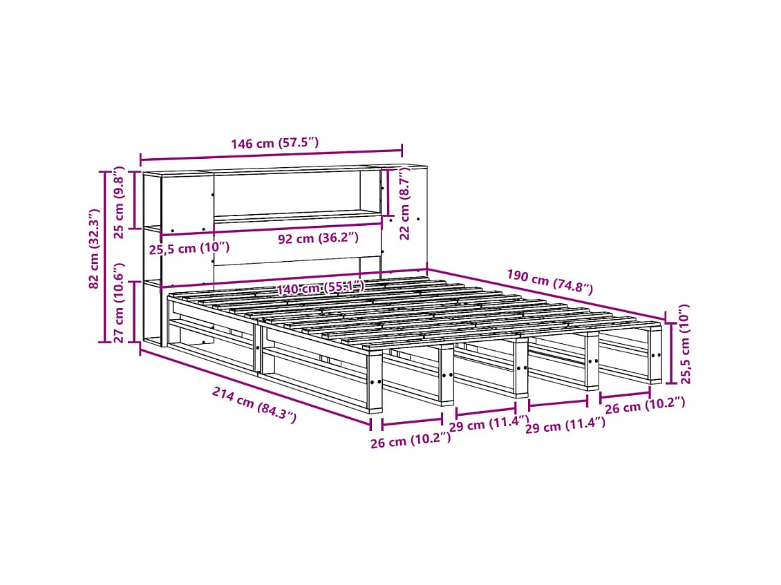 Lit bibliothèque sans matelas blanc 140x190 cm bois massif