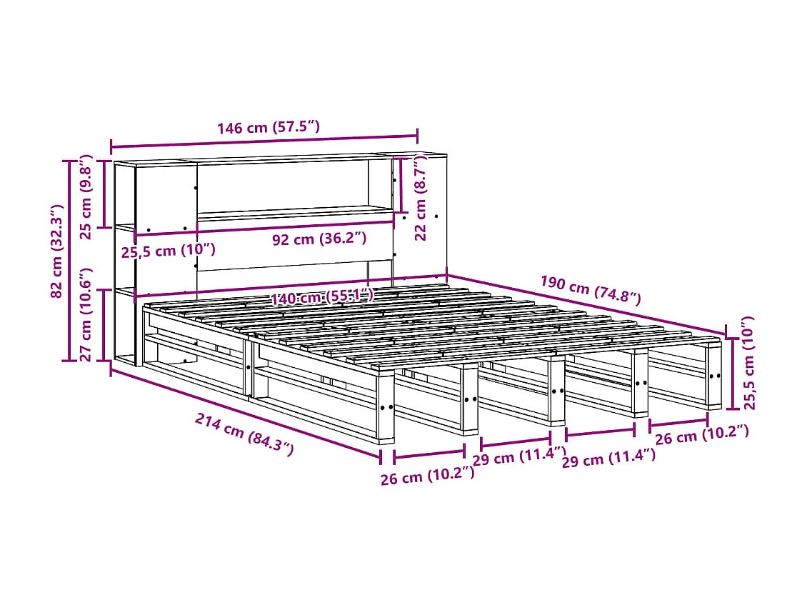 Lit bibliothèque sans matelas blanc 140x190 cm bois massif