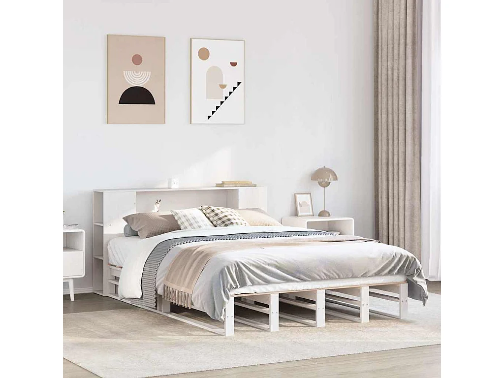 Bed met boekenkast zonder matras massief hout wit 140x190 cm