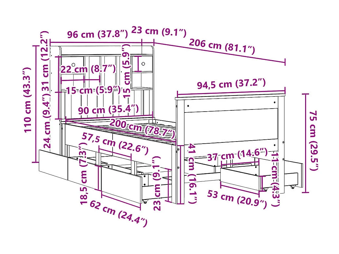 Bed met boekenkast zonder matras massief grenenhout 90x200 cm