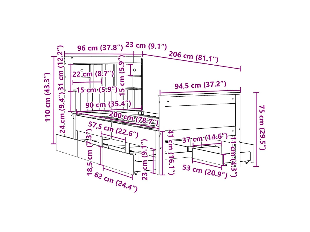 Bed met boekenkast zonder matras massief grenenhout 90x200 cm