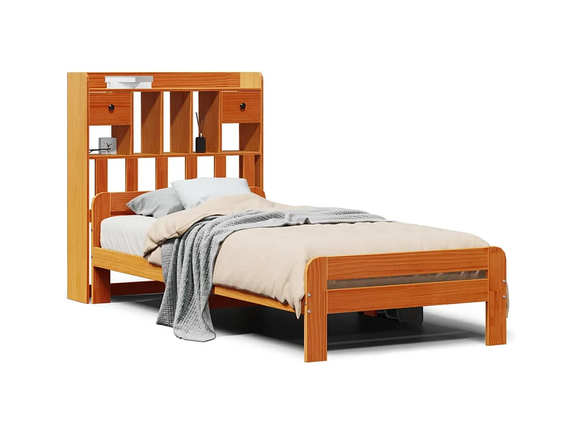 Lit bibliothèque sans matelas cire marron 75x190 cm pin massif