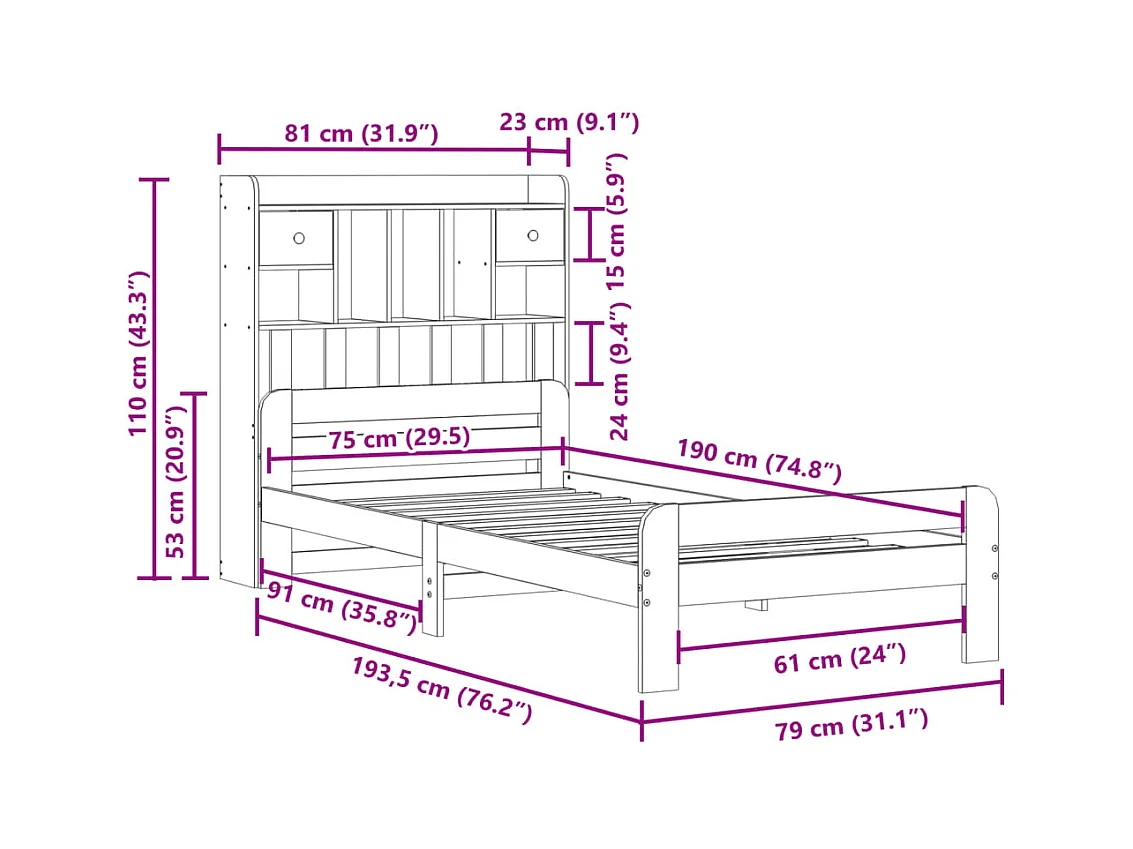 Lit bibliothèque sans matelas cire marron 75x190 cm pin massif