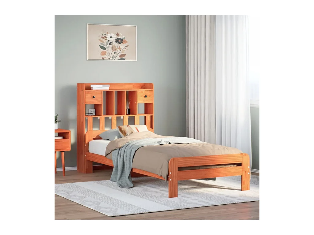 Massivholzbett mit Regal ohne Matratze Wachsbraun 75x190 cm