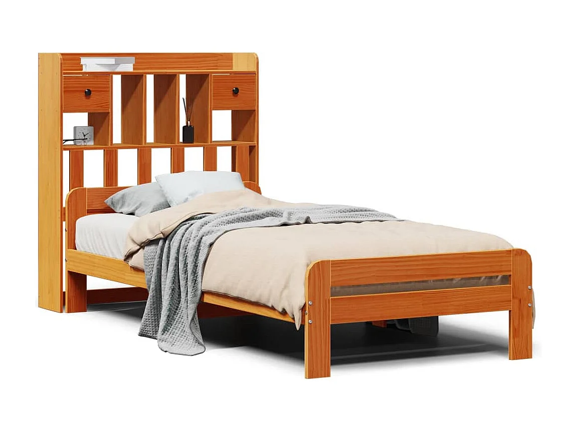 Bed met boekenkast zonder matras grenenhout wasbruin 75x190 cm