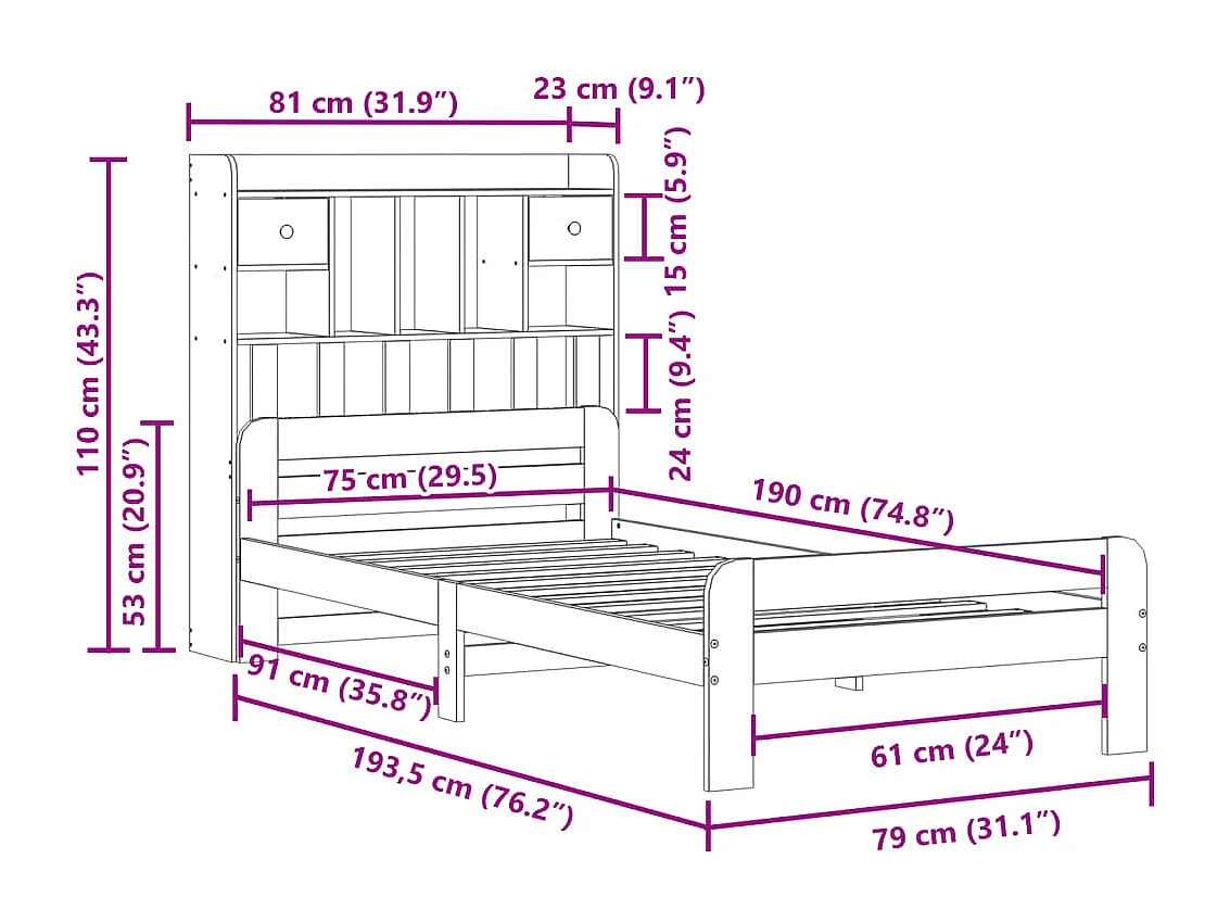 Bed met boekenkast zonder matras grenenhout wasbruin 75x190 cm