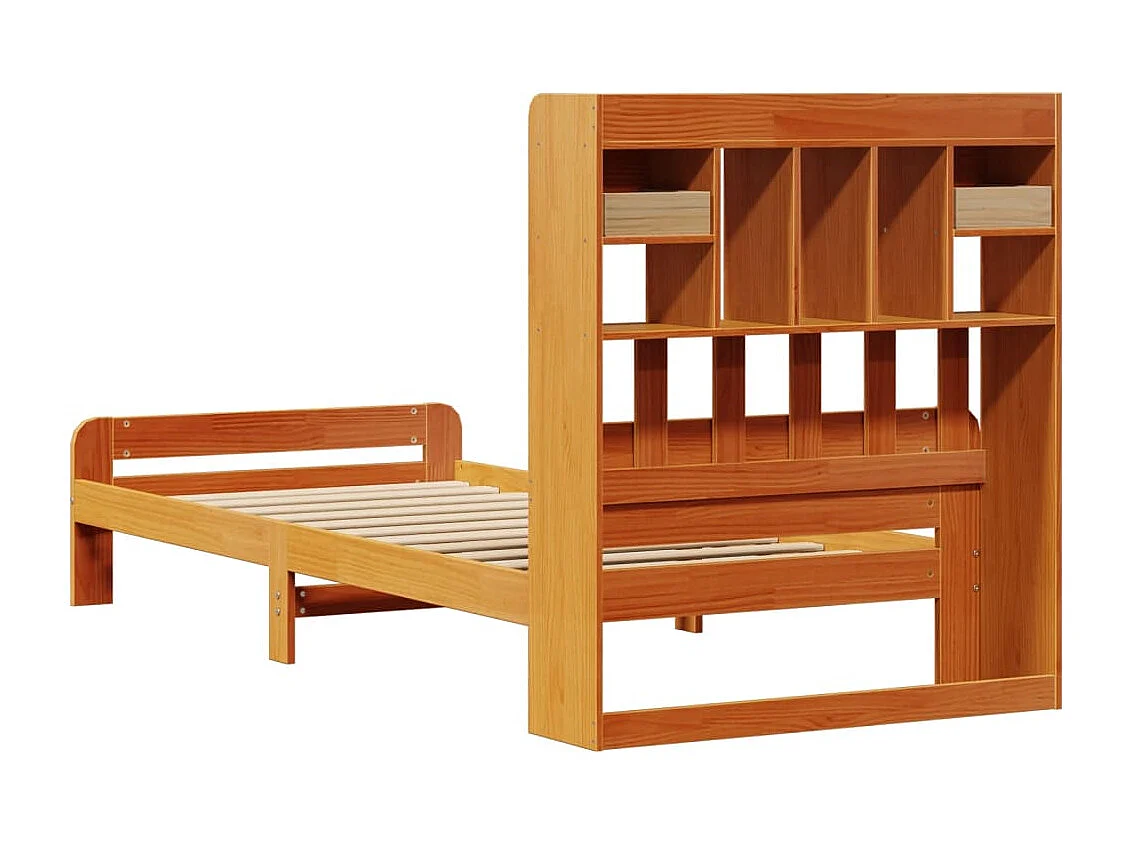 Bed met boekenkast zonder matras grenenhout wasbruin 75x190 cm