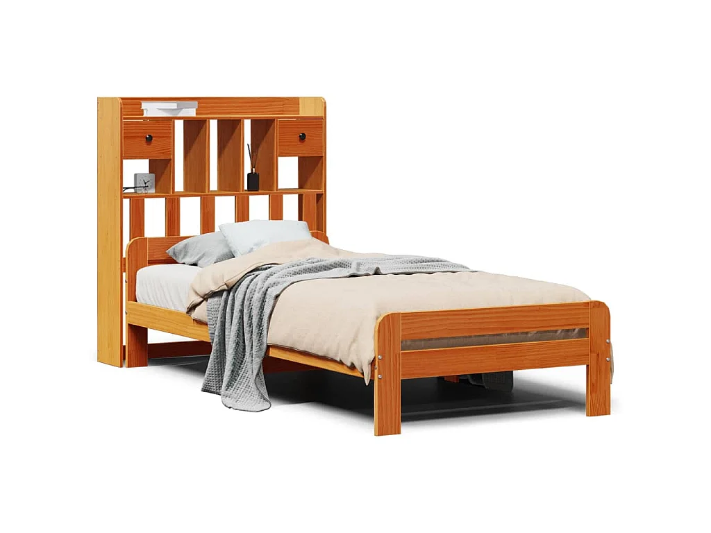 Lit bibliothèque sans matelas cire marron 75x190 cm pin massif