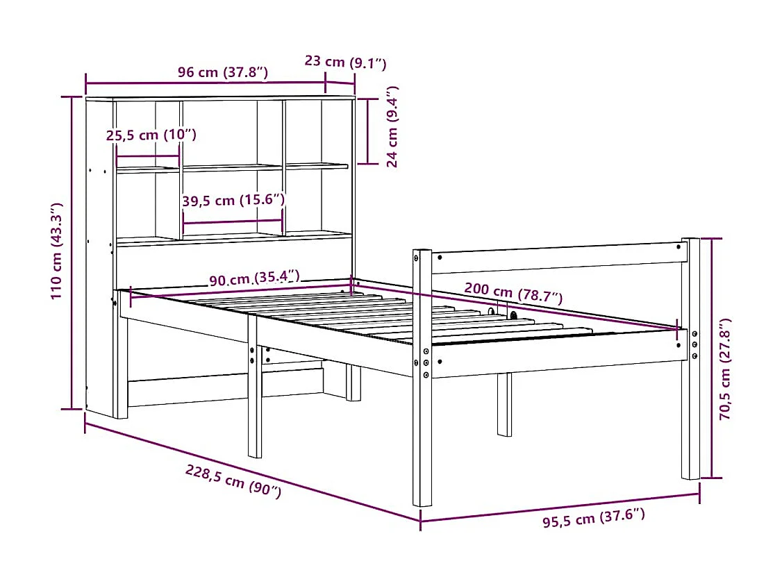Massivholzbett mit Regal ohne Matratze 90x200 cm Kiefer