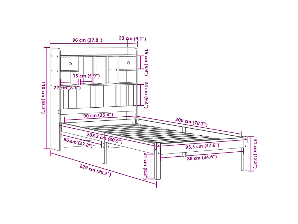 Lit bibliothèque sans matelas 90x200 cm bois de pin massif