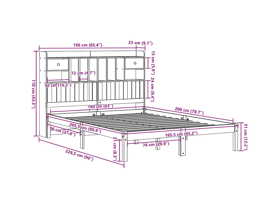 Lit bibliothèque sans matelas blanc 160x200 cm bois pin massif