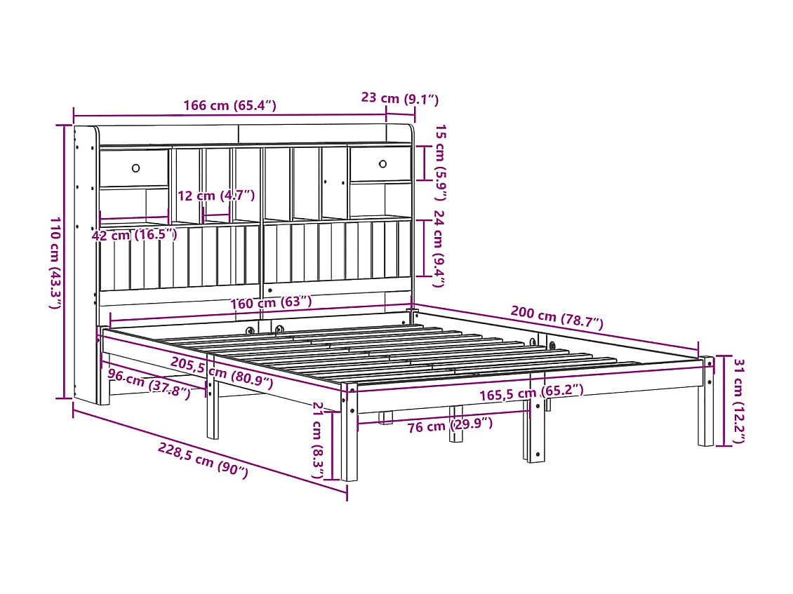 Lit bibliothèque sans matelas blanc 160x200 cm bois pin massif