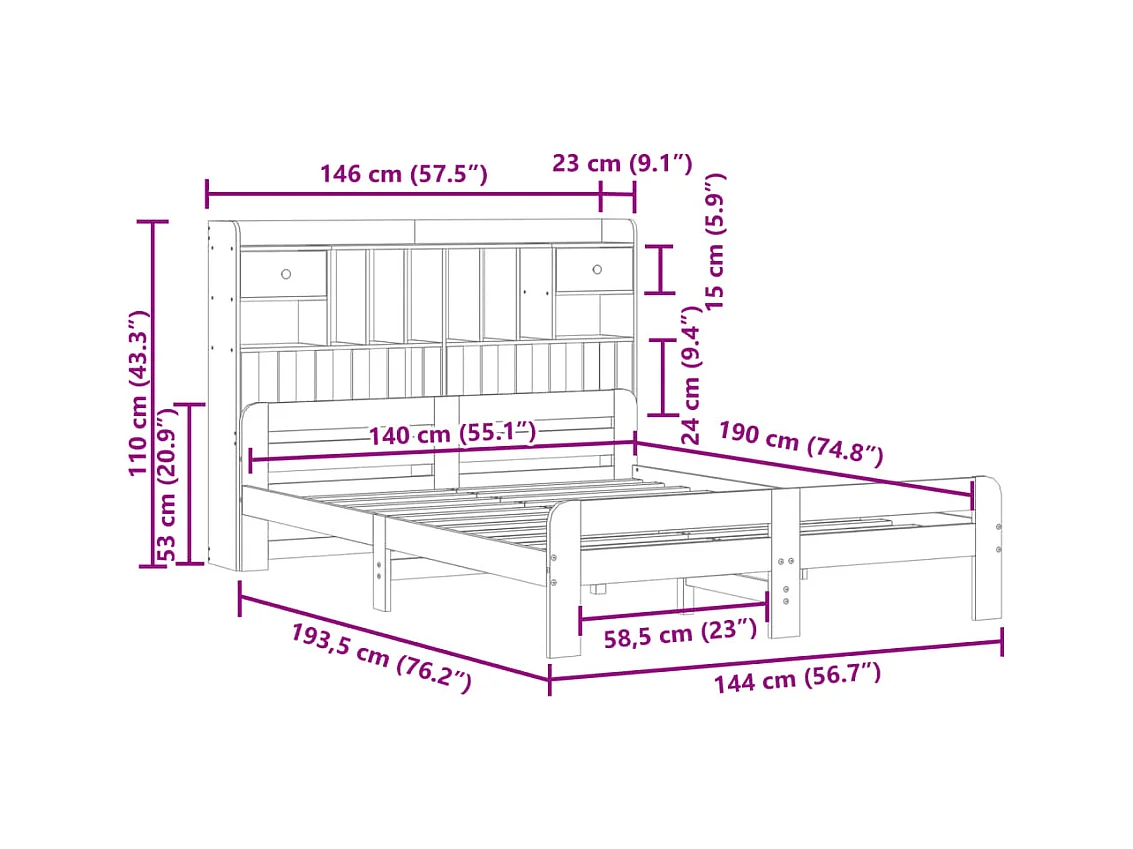 Lit bibliothèque sans matelas cire marron 140x190 cm pin massif