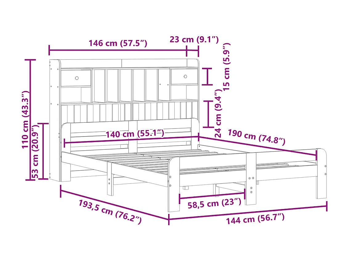 Bed met boekenkast zonder matras grenenhout wasbruin 140x190 cm
