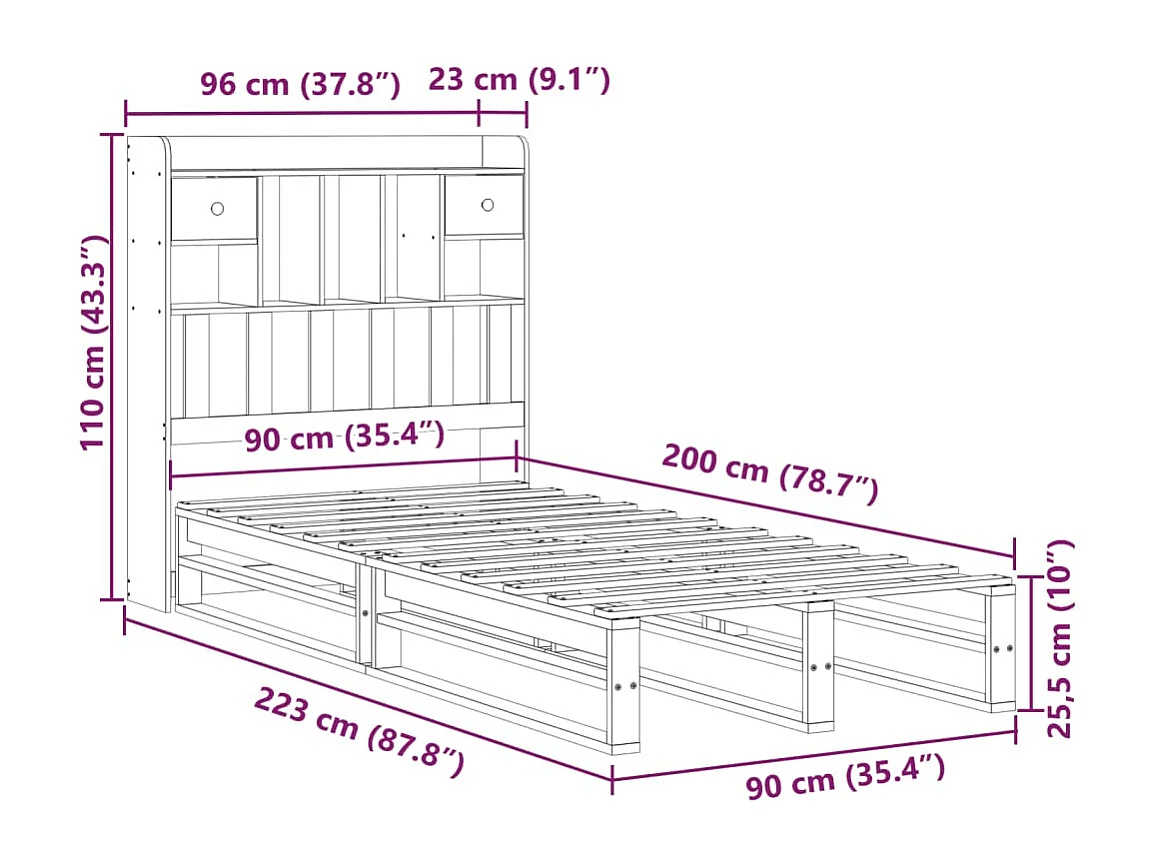Lit bibliothèque sans matelas blanc 90x200cm bois de pin massif