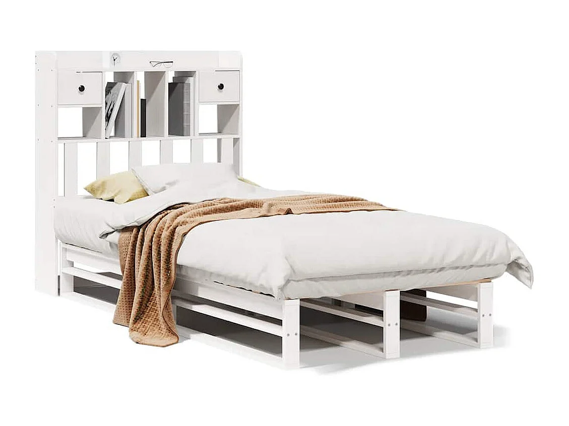 Lit bibliothèque sans matelas blanc 90x200cm bois de pin massif