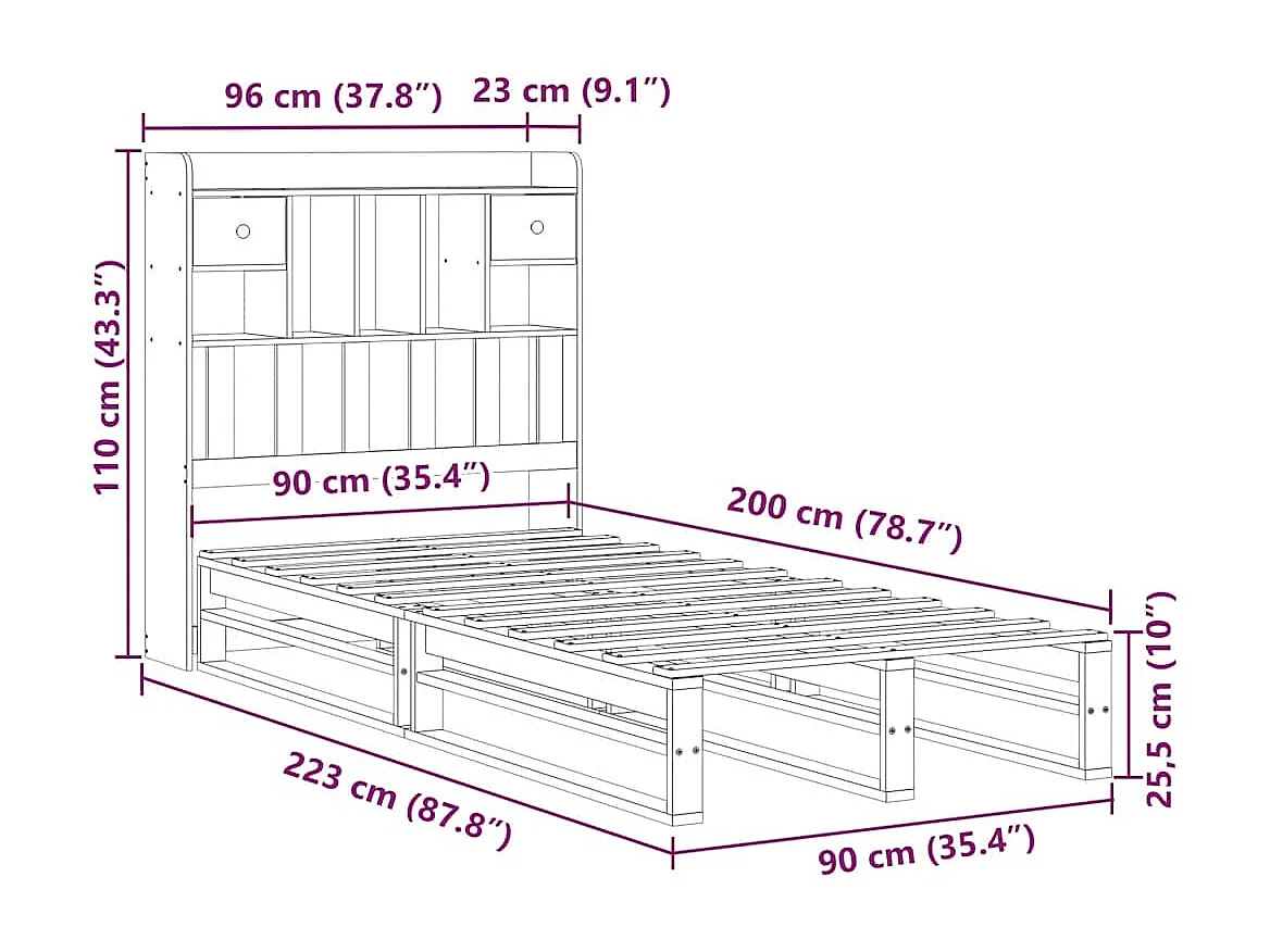 Lit bibliothèque sans matelas blanc 90x200cm bois de pin massif