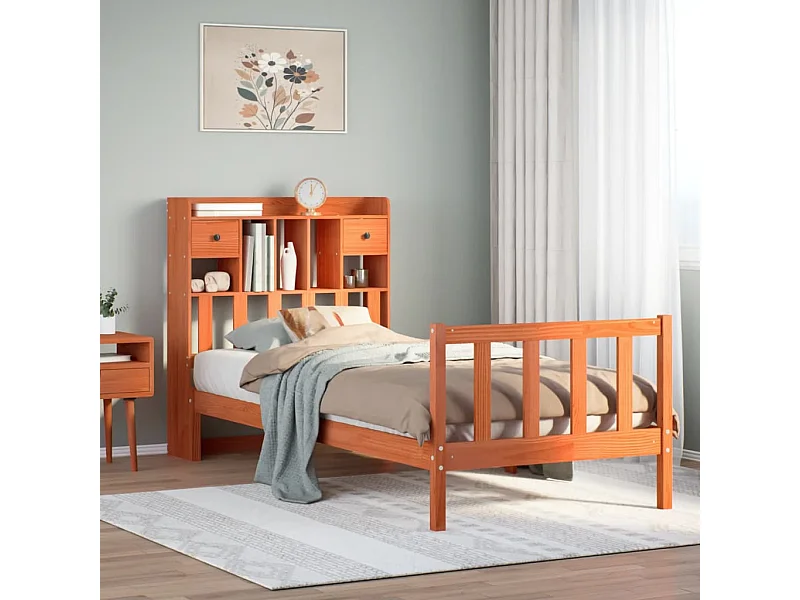 Bed met boekenkast zonder matras grenenhout wasbruin 75x190 cm