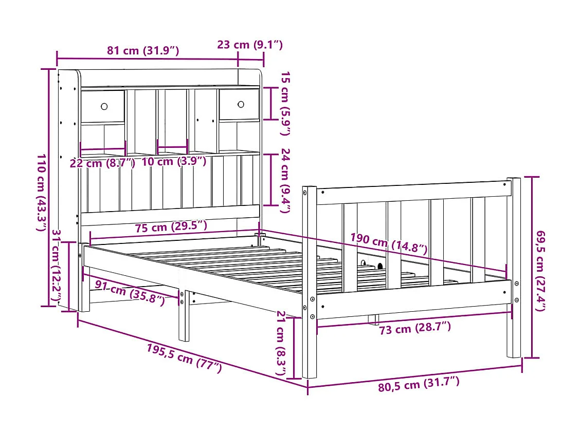 Massivholzbett mit Regal ohne Matratze Wachsbraun 75x190 cm