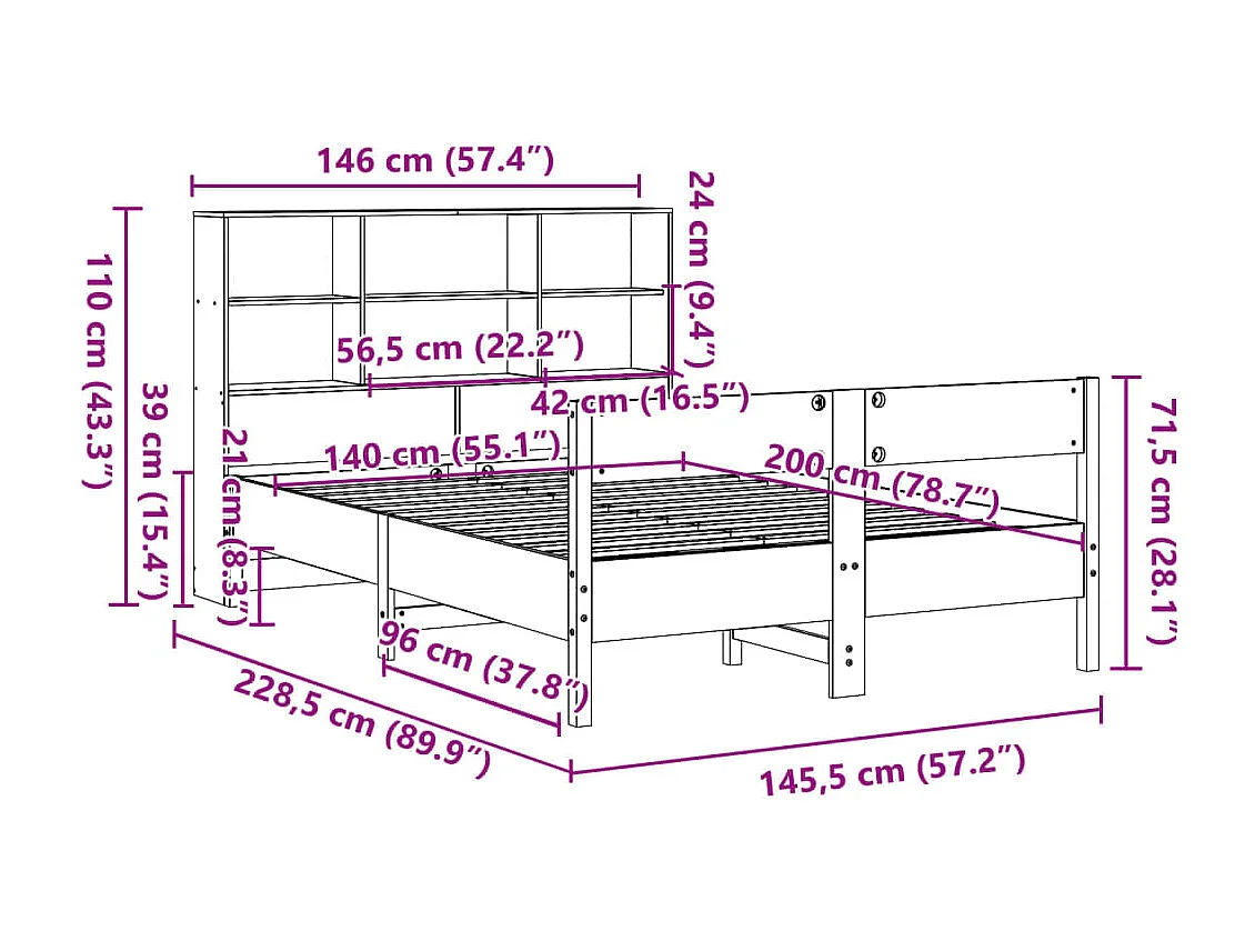 Lit bibliothèque sans matelas cire marron 140x200 cm pin massif