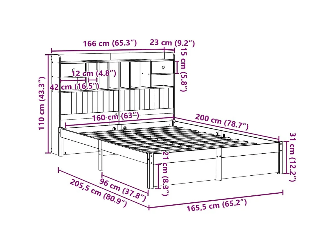 Massivholzbett mit Regal ohne Matratze 160x200 cm Kiefer