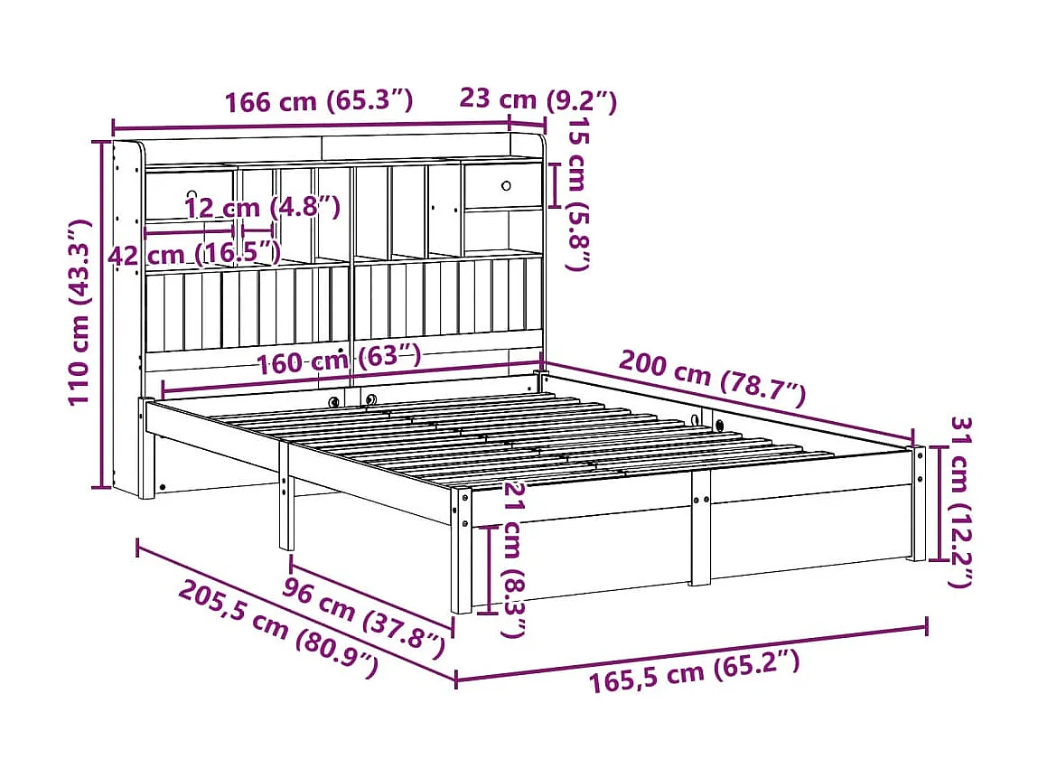 Cama com estante sem colchão 160x200 cm pinho maciço