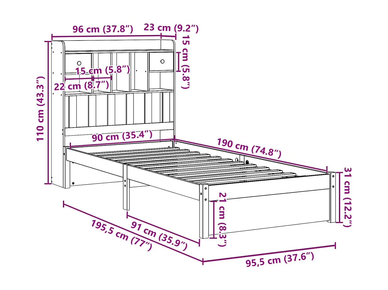 Cama com estante sem colchão 90x190 cm pinho maciço