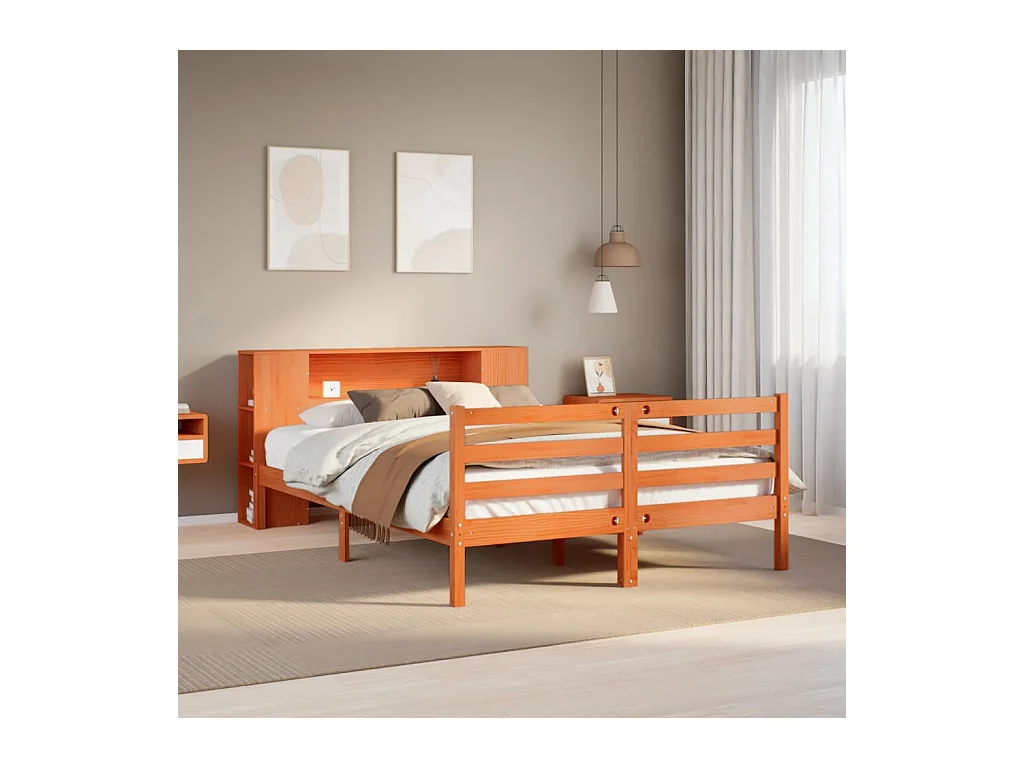 Lit bibliothèque sans matelas cire marron 140x190 cm pin massif