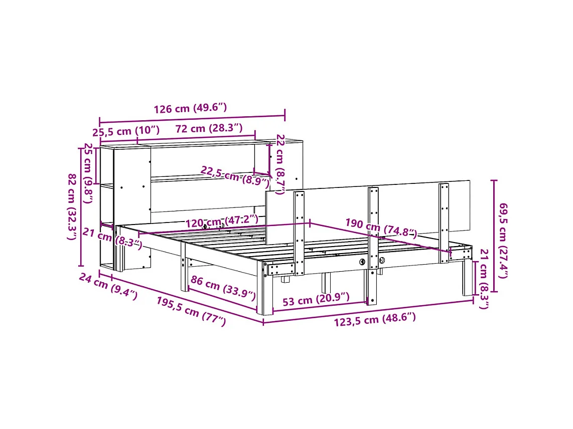 Massivholzbett mit Regal ohne Matratze Weiß 120x190 cm Kiefer