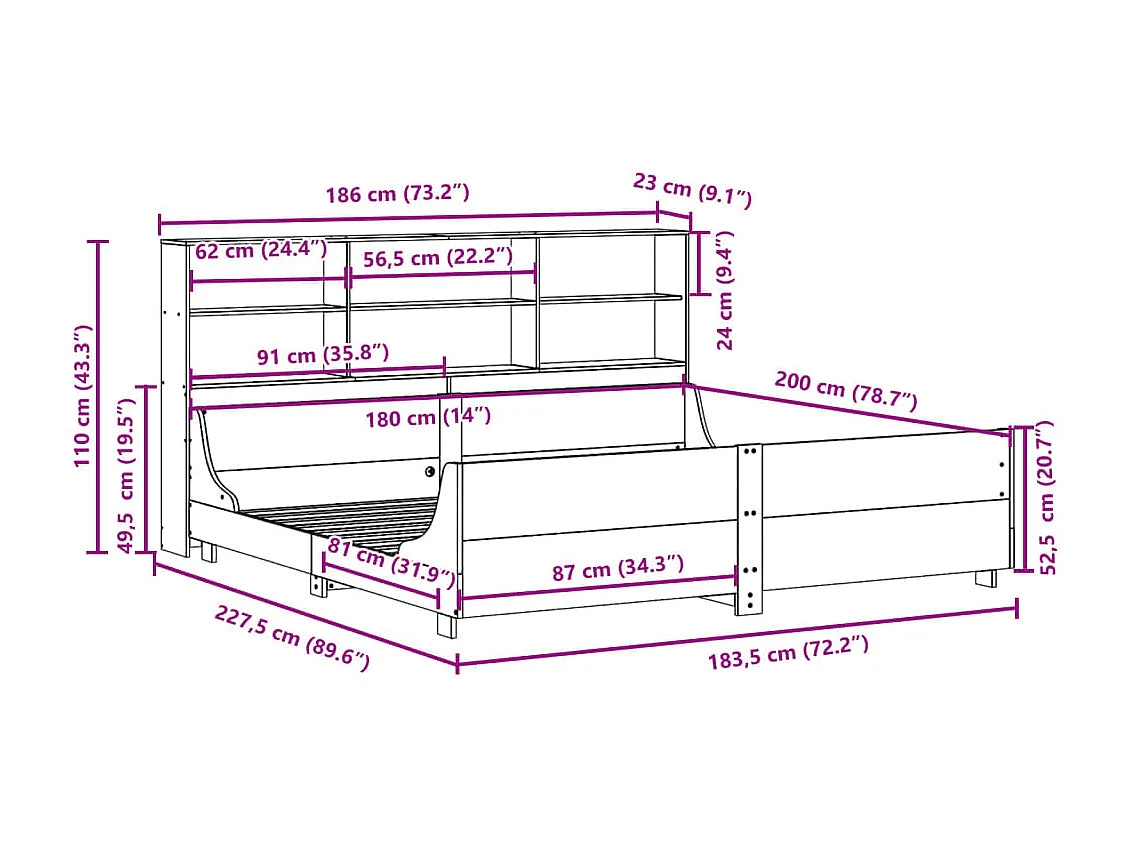 Massivholzbett mit Regal ohne Matratze 180x200 cm Massivholz