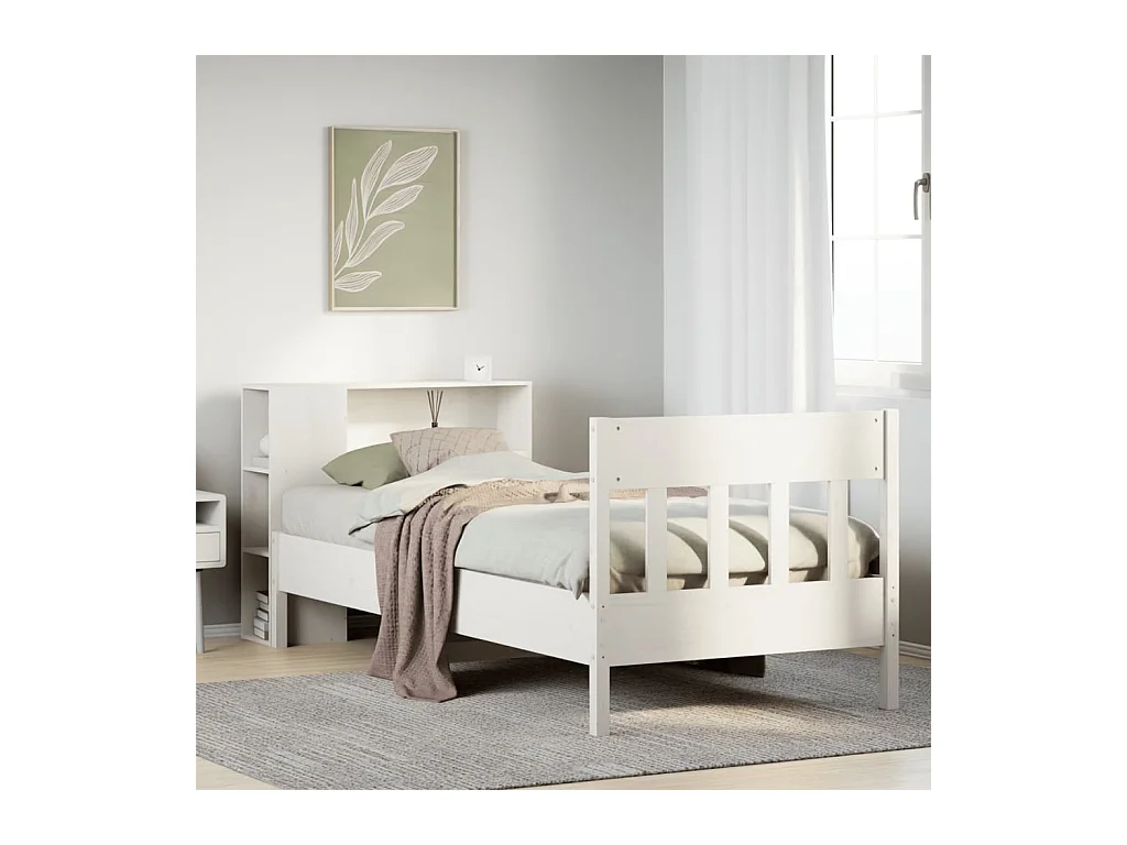 Lit bibliothèque sans matelas blanc 90x200cm bois de pin massif