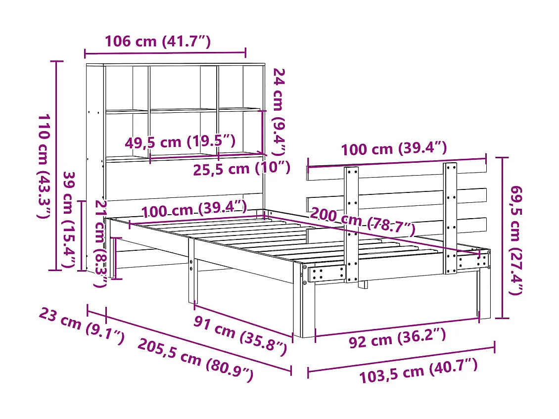 Massivholzbett mit Regal ohne Matratze Wachsbraun 100x200 cm