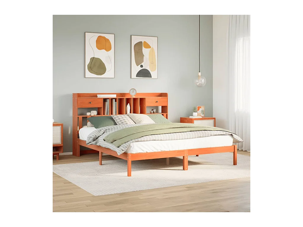 Lit bibliothèque sans matelas cire marron 200x200 cm pin massif