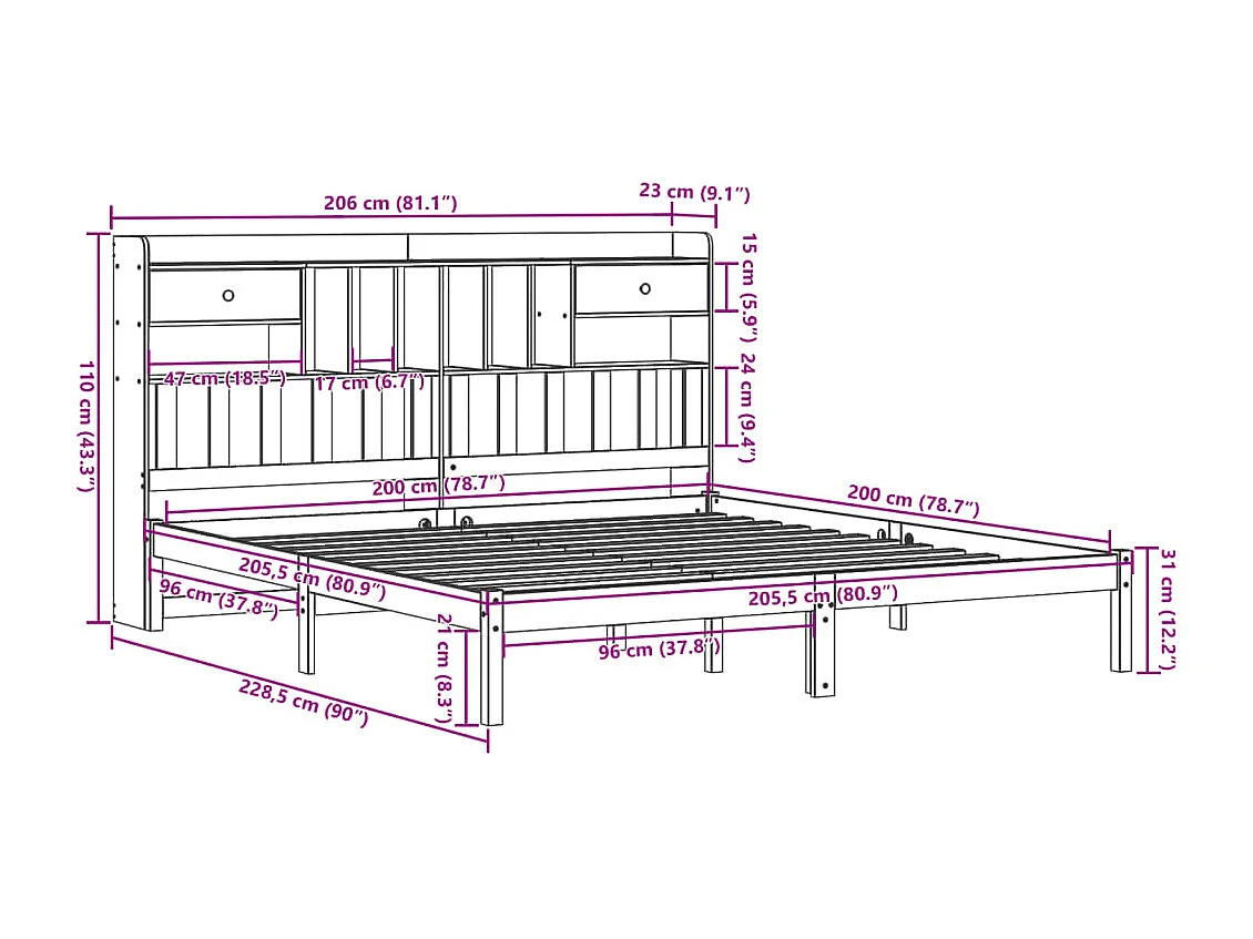 Massivholzbett mit Regal ohne Matratze Wachsbraun 200x200 cm