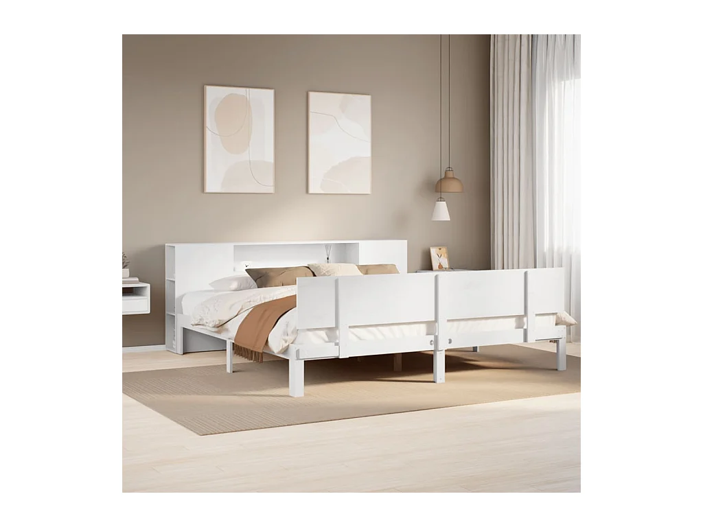 Lit bibliothèque sans matelas blanc 200x200 cm bois pin massif