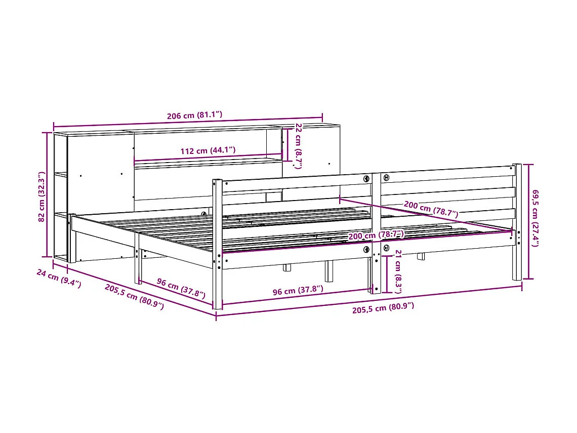 Lit bibliothèque sans matelas cire marron 200x200 cm pin massif