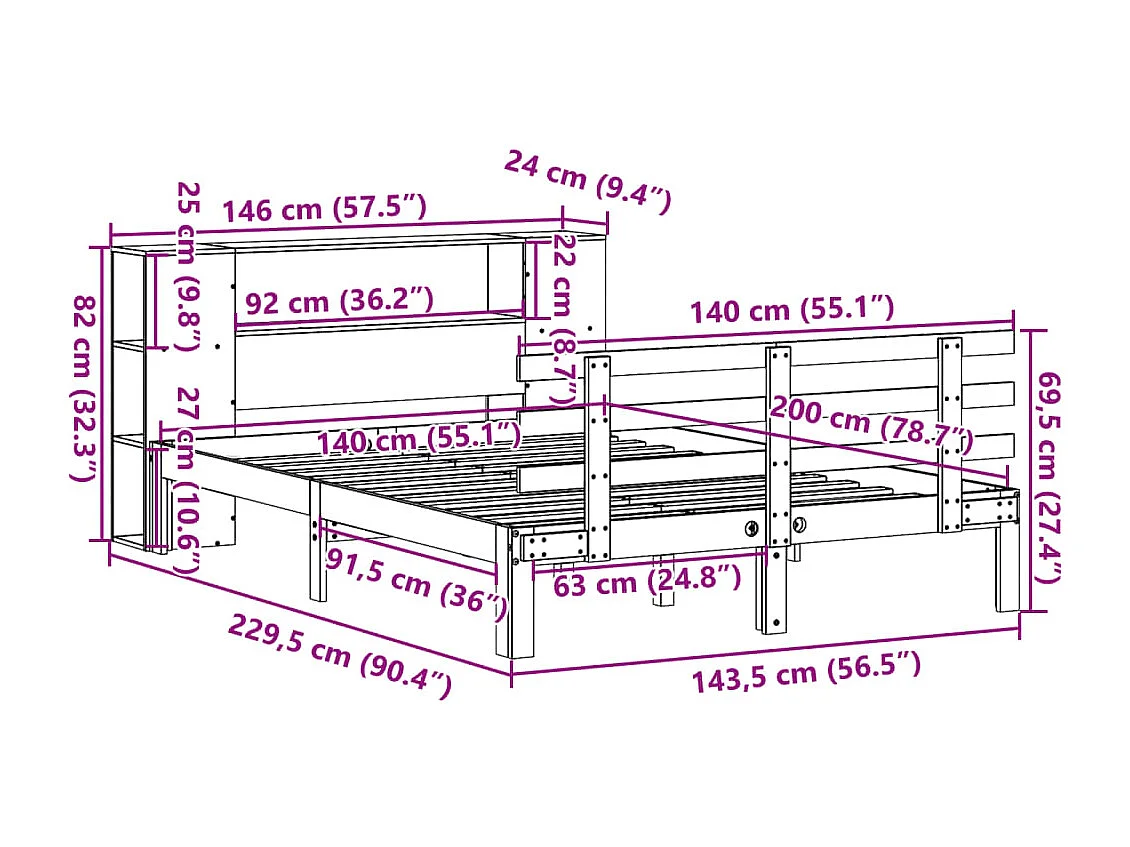 Bed met boekenkast zonder matras massief grenenhout 140x200 cm