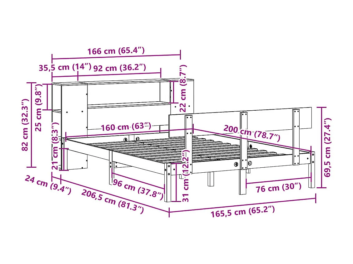 Massivholzbett mit Regal ohne Matratze 160x200 cm Kiefernholz