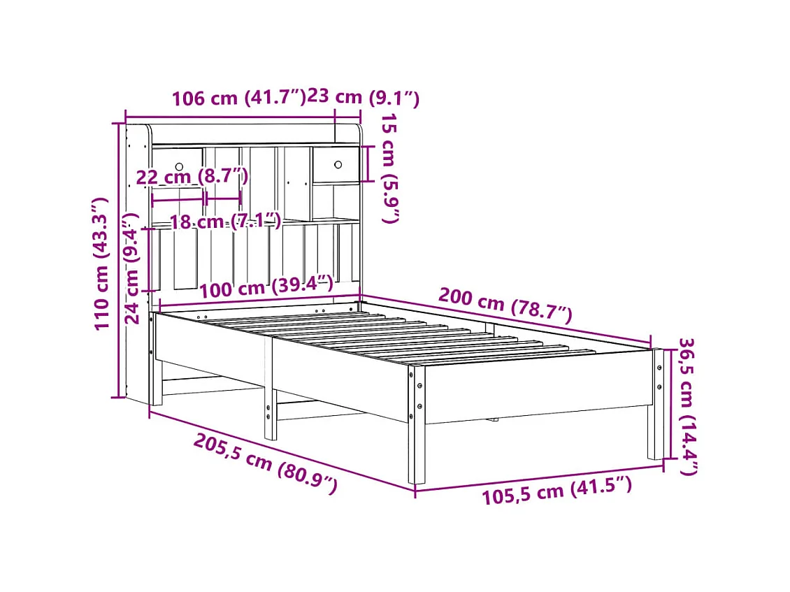 Lit bibliothèque sans matelas 100x200 cm bois massif de pin