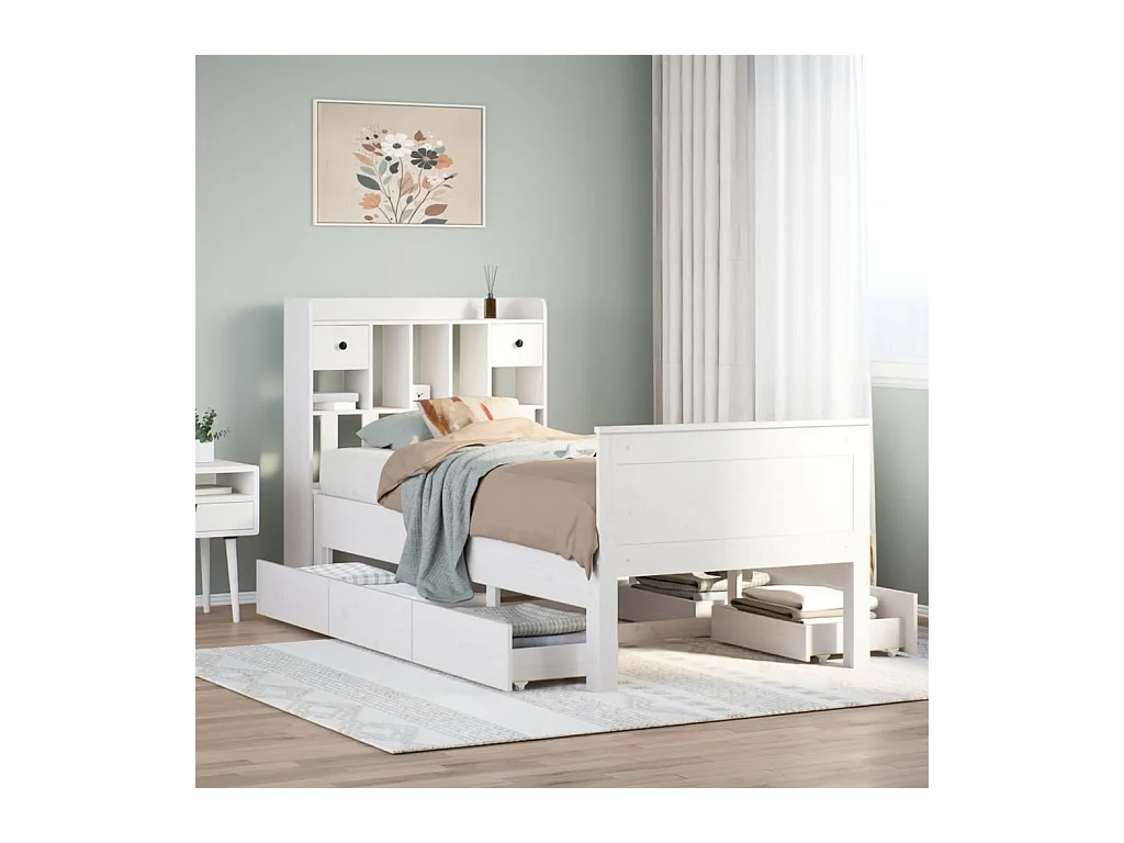 Lit bibliothèque sans matelas blanc 90x190cm bois de pin massif