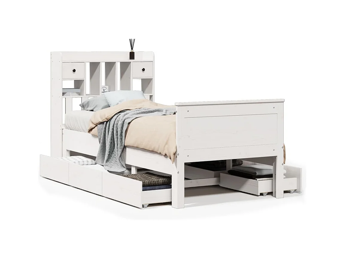 Lit bibliothèque sans matelas blanc 90x190cm bois de pin massif