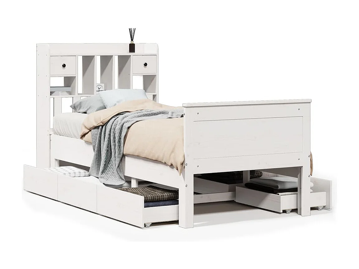 Lit bibliothèque sans matelas blanc 90x190cm bois de pin massif