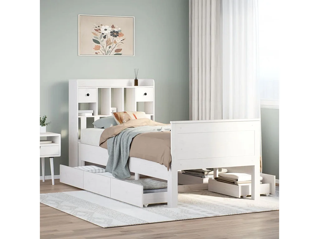 Lit bibliothèque sans matelas blanc 90x190cm bois de pin massif