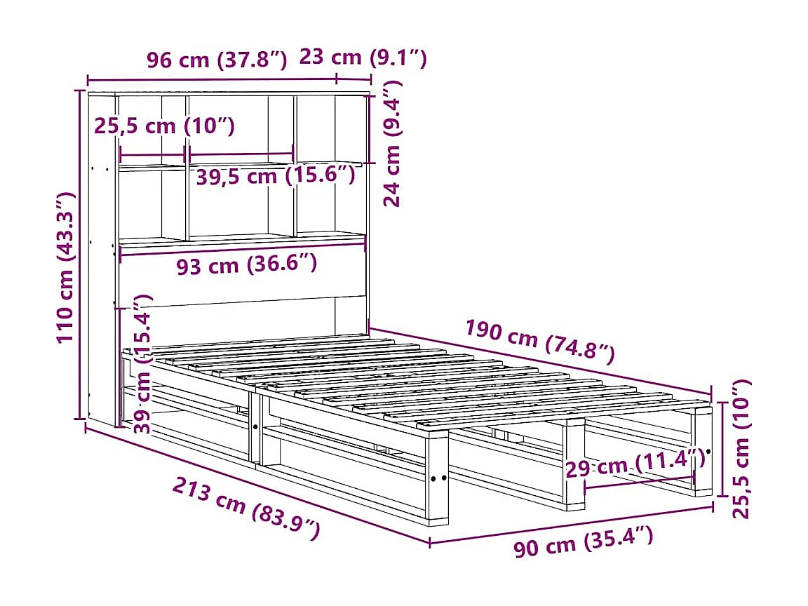 Cama com estante sem colchão 90x190 cm madeira maciça branco