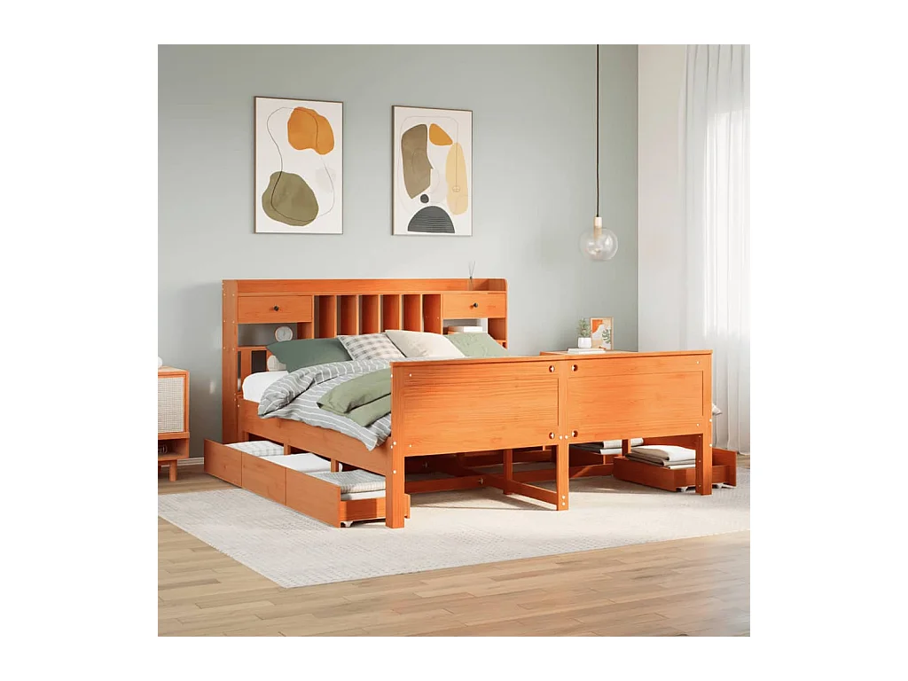 Lit bibliothèque sans matelas cire marron 180x200 cm pin massif