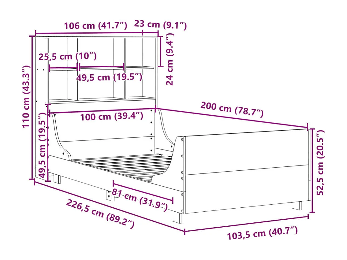 Massivholzbett mit Regal ohne Matratze Wachsbraun 100x200 cm